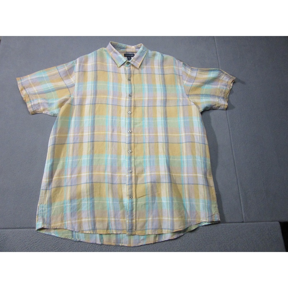 Lands End Shirt Mens XLT Plaid Pastel Linen Short Sleeve Button Up Summer